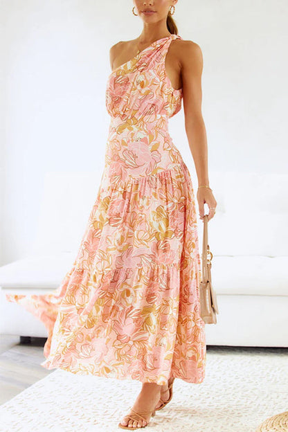 One Shoulder Ruffle Tiered Floral Print Maxi Dress