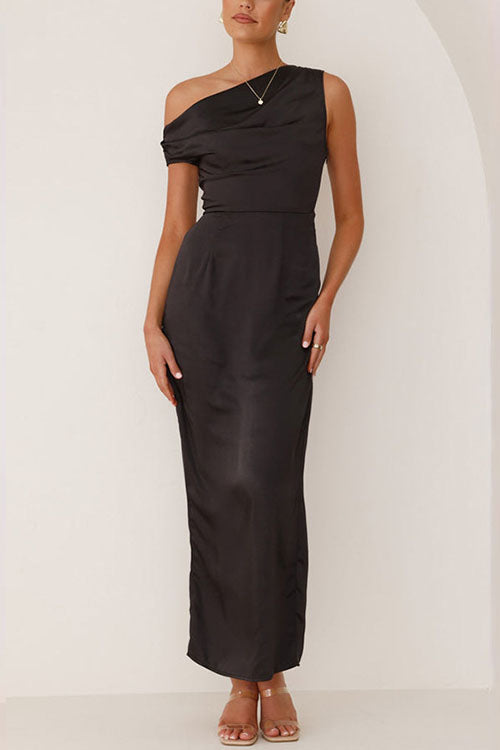 Margovil Asymmetric Shoulder Back Slit Waisted Maxi Dress