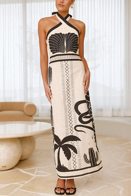 Margovil Palm Canyon Print Criss Cross Halter Maxi Dress