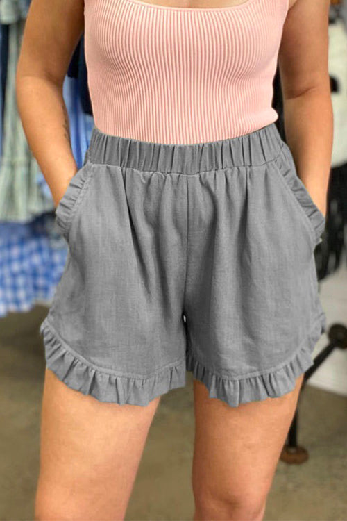 Margovil Elastic Waist Wide Leg Ruffle Cotton Linen Shorts