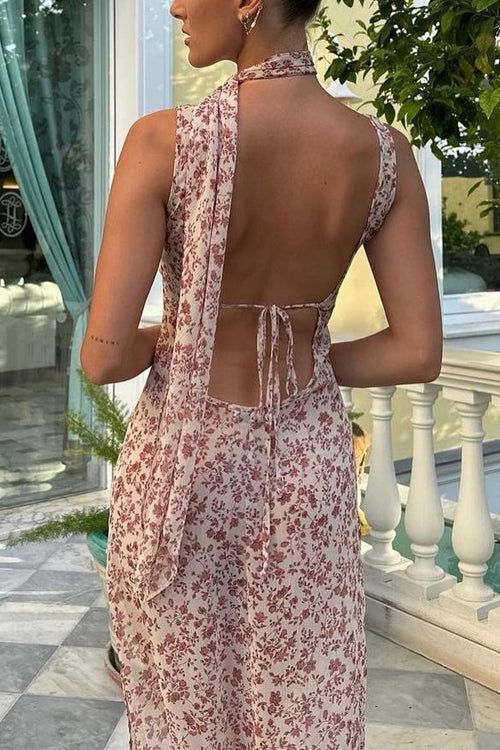 Margovil Sleeveless Open Back Slit Floral Print Maxi Flowy Dress