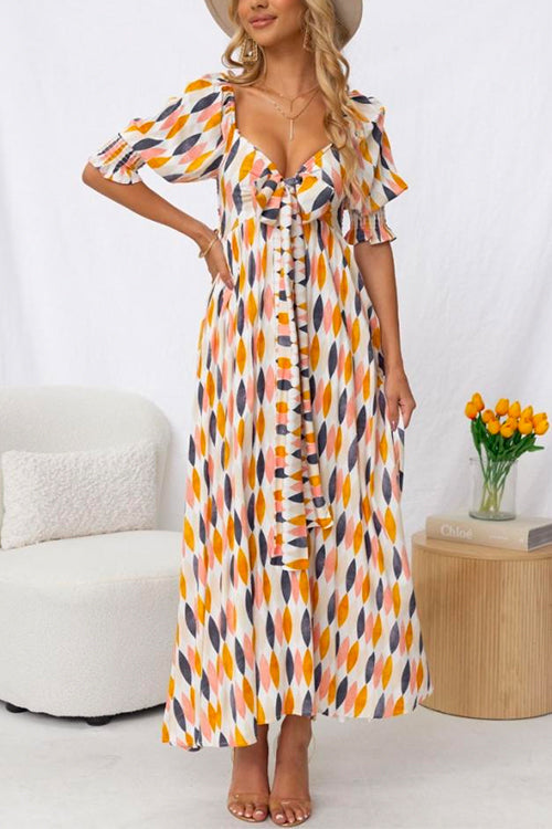 Bow Knot Front Printed Swing Maxi Holiday Dress