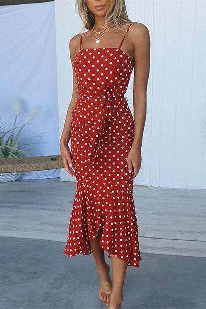 Vintage Tie Waist Polka Dot Midi Mermaid Cami Dress