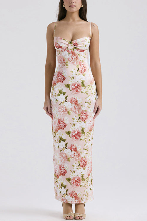 Margovil Floral Print Back Slit Bustier Maxi Sling Dress