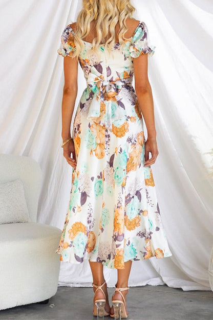 Puff Sleeves Tie Back High Waist Floral Midi Swing Dress