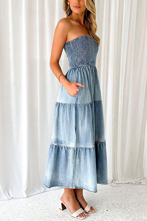 Margovil Strapless Tube Side Slit Ruffle Tiered Denim Dress