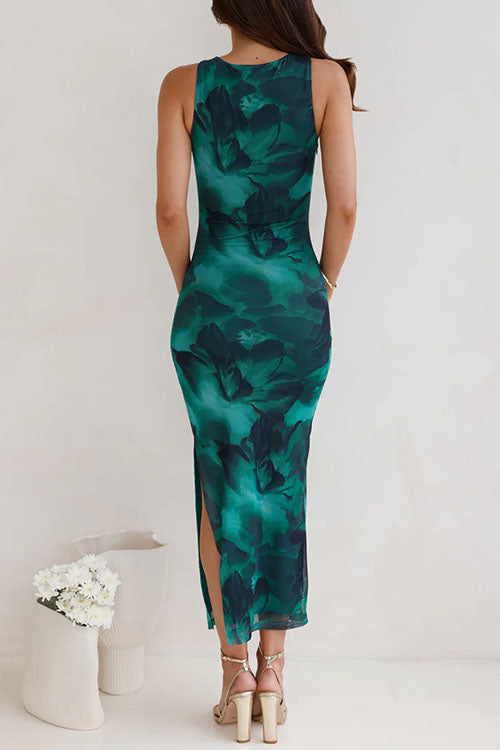 Margovil Sleeveless Side Slit Printed Bodycon Midi Dress