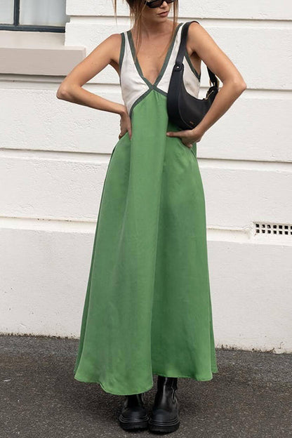 Margovil V Neck Color Block Sleeveless Maxi Swing Dress