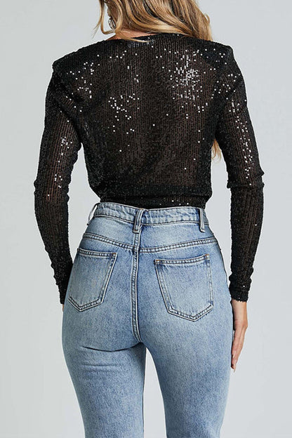 Margovil Wrap Deep V Neck Long Sleeves Sequin Bodysuit