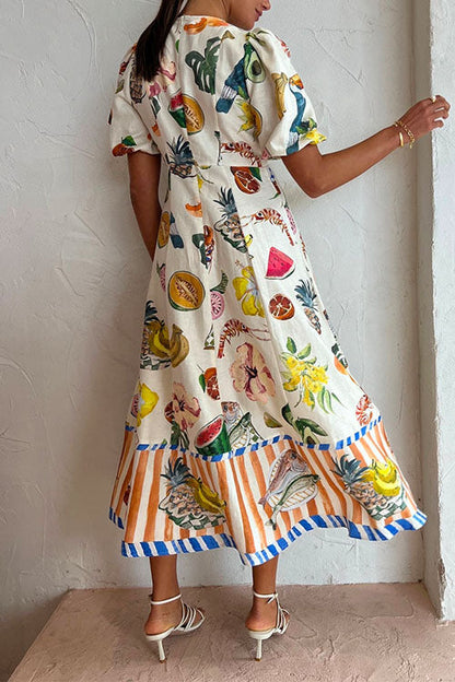 Margovil Puff Sleeve Food Printed Swing Maxi Vacation Dress