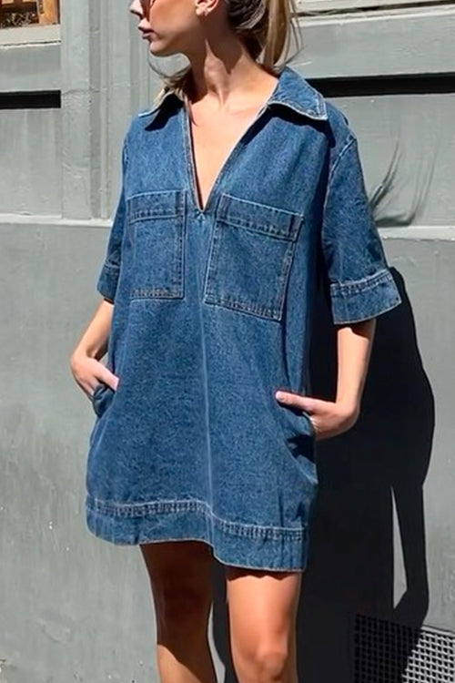 Margovil V Neck Pocketed Tara Denim Mini Dress