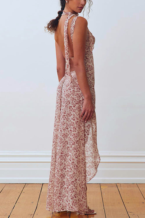 Margovil Sleeveless Open Back Slit Floral Print Maxi Flowy Dress