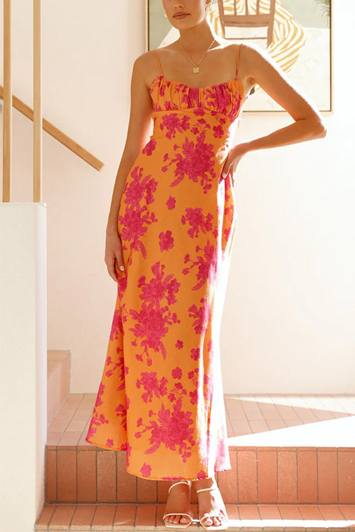 Spaghetti Strap Twist Backless Floral Print Maxi Dress