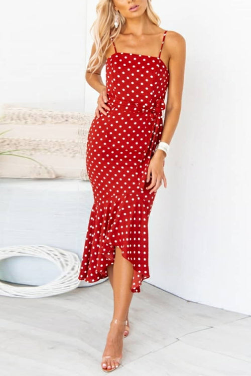 Vintage Tie Waist Polka Dot Midi Mermaid Cami Dress