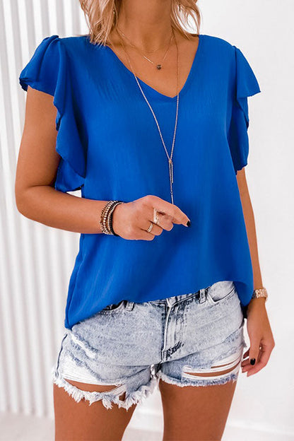 Margovil V Neck Flare Sleeve Solid Summer Top