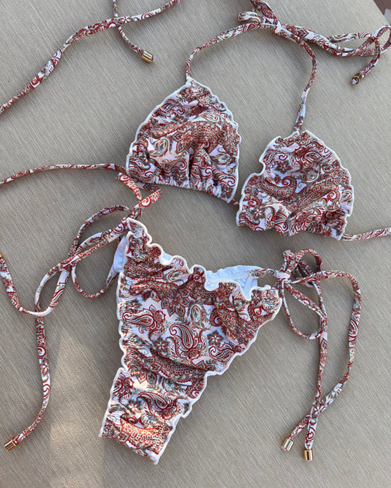 Women's cashew flower print tie bikini set