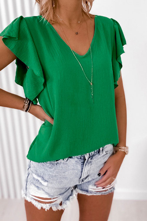 Margovil V Neck Flare Sleeve Solid Summer Top