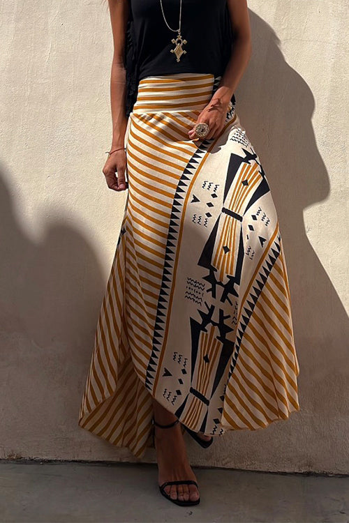 Margovil High Waist Stripes Splice Printed Maxi Irregular Skirt