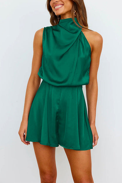 Margovil Turtleneck Sleeveless Wide Leg Waisted Satin Romper