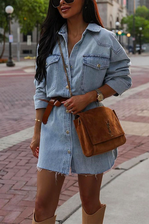 Distressed Raw Hem Button Down Denim Mini Shirt Dress