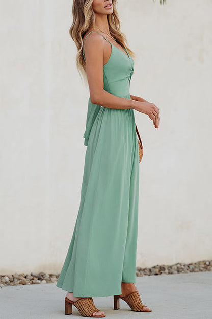 Margovil Twist V Neck Tie Back Cut Out Swing Maxi Cami Dress