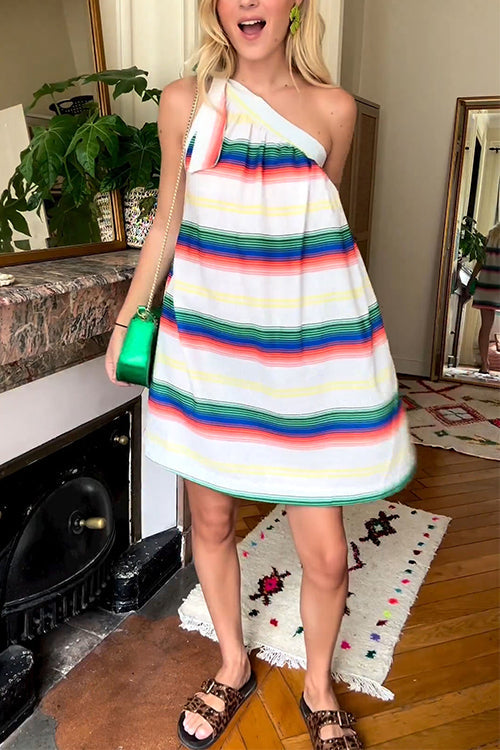 Tie Knot One Shoulder Striped Cute A-line Dress