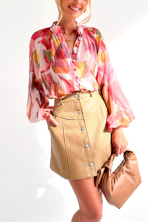 Margovil Stand Collar Balloon Sleeves Button Down Flowy Printed Shirt