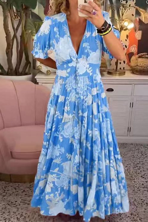 Margovil V Neck Button Up Floral Print Flowy Maxi Dress