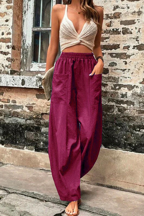 Margovil Elastic Waist Pockets Tapered Wide Leg Pants