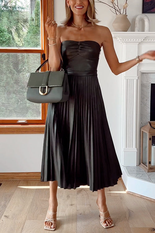 Strapless Pleated Faux Leather Midi Dress(2 Colors Available!)