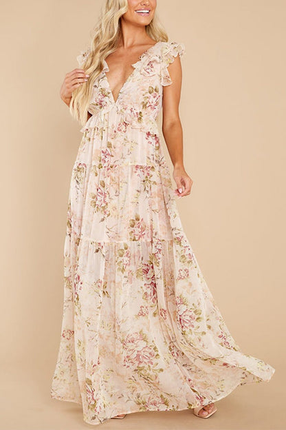 V Neck Ruffle Trim Bow Back Floral Print Flowy Maxi Dress