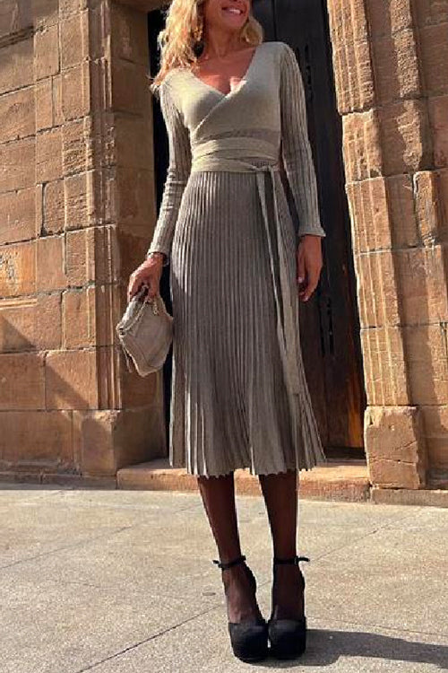 Wrap V Neck Tie Waist Pleated Midi Dress