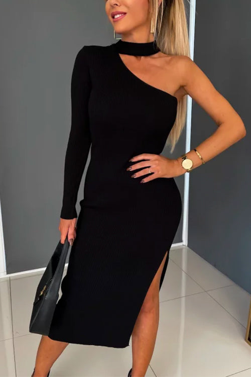 Choker One Shoulder Long Sleeve Slit Midi Bodycon Dress