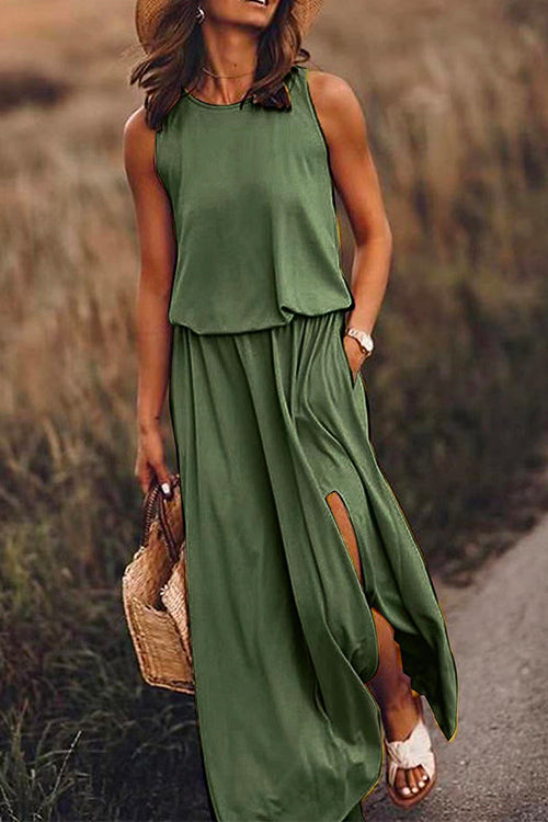 Margovil Sleeveless Waisted Slit Maxi Tank Dress