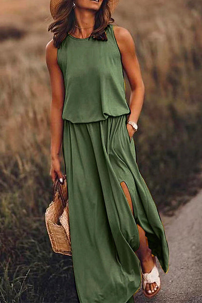 Margovil Sleeveless Waisted Slit Maxi Tank Dress