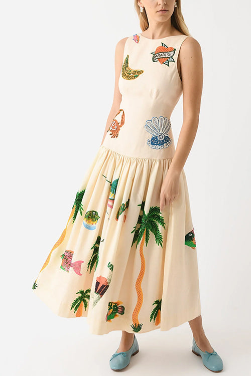 Margovil Sleeveless Tropic Print Open Back Ruffle Maxi Dress