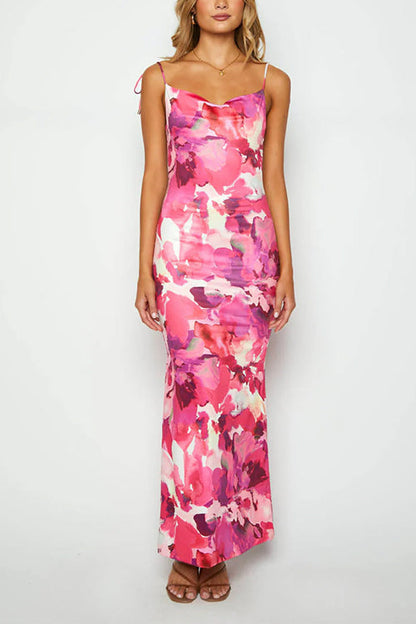 Margovil Tie Shoulder Backless Printed Maxi Cami Dress