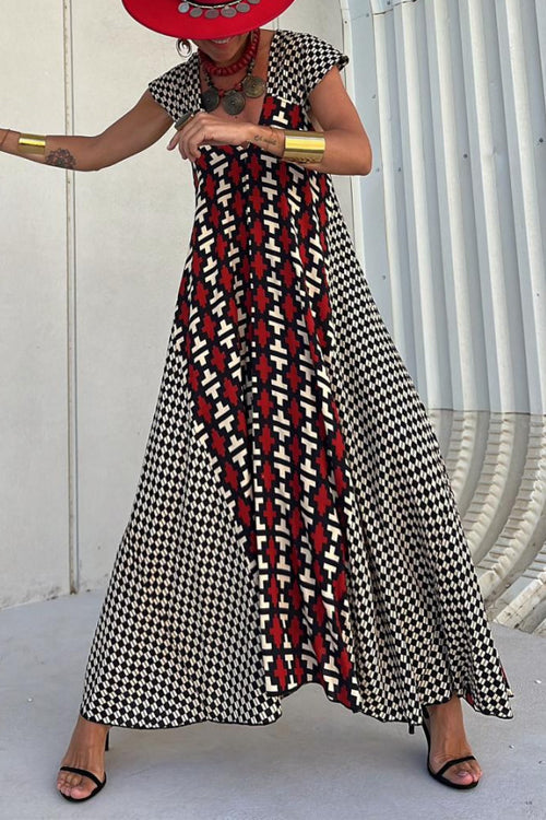 V Neck Color Block Plaid Swing Maxi Dress