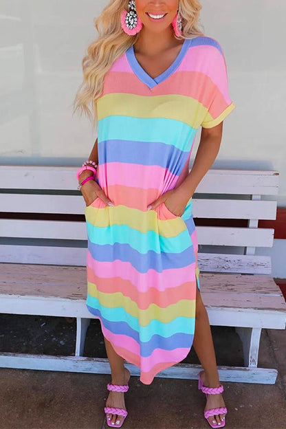 Margovil Curve Hem Side Split Rainbow Stripes Midi Dress