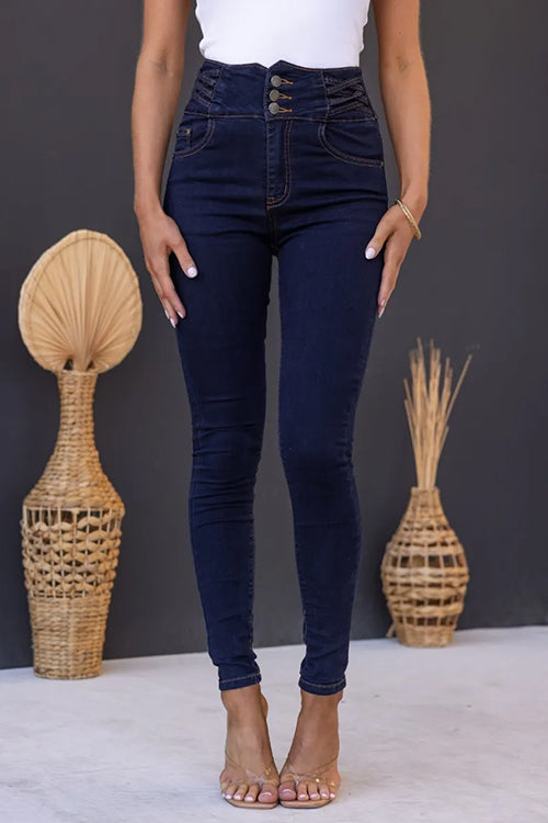 High Rise 3 Buttons Skinny Pencil Jeans