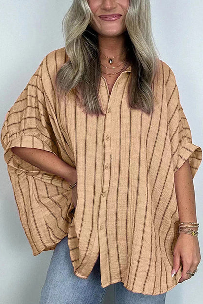 Margovil Oversized Button Down Batwing Sleeves Striped Shirt