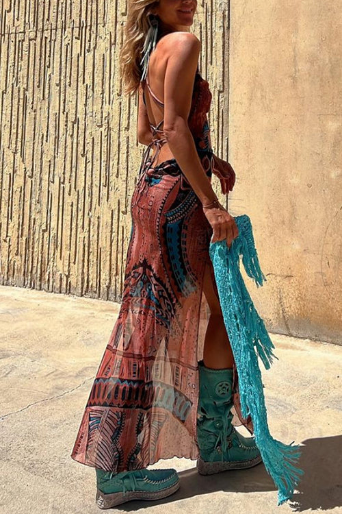 Backless Lace-up Side Split Printed Maxi Dress