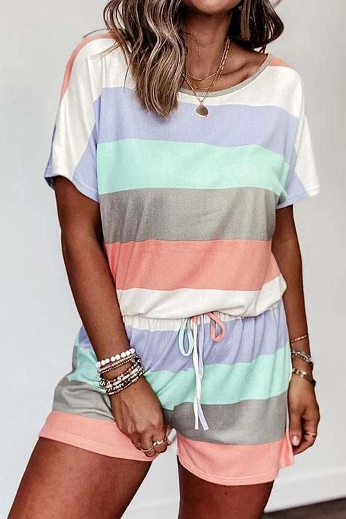 Margovil Striped Color Block Short Sleeves Drawstring Romper