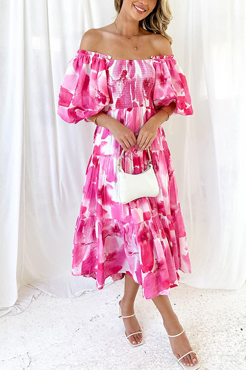 Margovil Off Shoulder Puff Sleeves Ruffle Tiered Printed Midi Dress