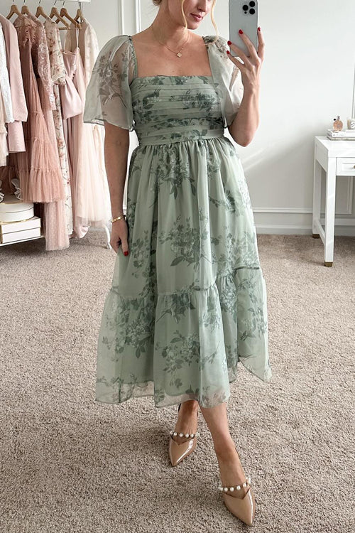 Square Neck Short Sleeve Ruched Floral Midi Dress