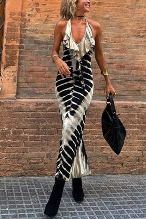 Ruffle Halter V Neck Backless Tie Dye Maxi Dress