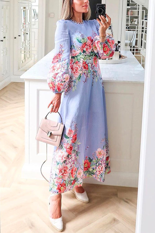 Balloon Long Sleeves Waisted Floral Printed Swing Maxi Dress