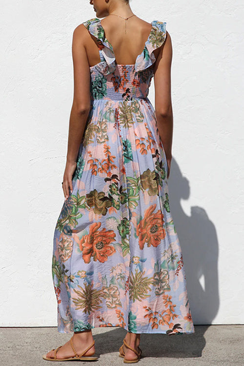 Margovil Sleeveless V Neck Floral Print Maxi Holiday Dress