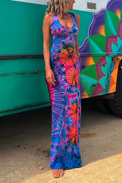 Criss Cross Backless Tie Dye Maxi Cami Dress