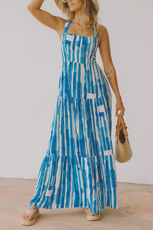 Margovil Square Collar Tiered Striped Maxi Cami Dress